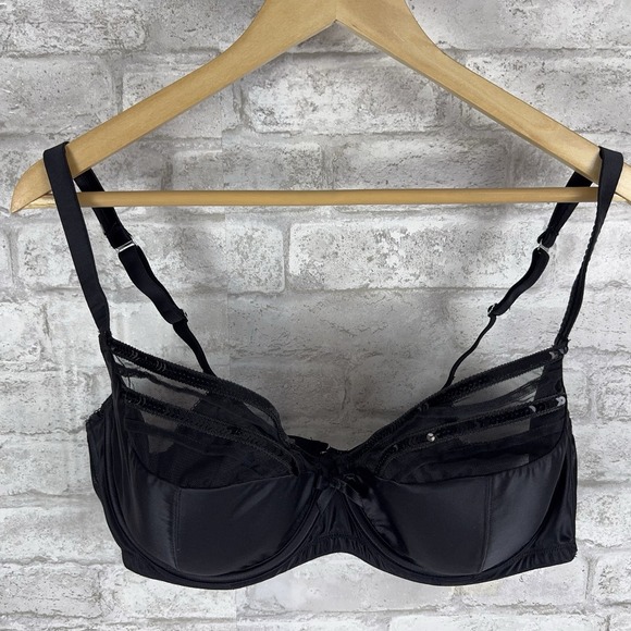 Cacique Other - Cacique Sexy Balconette‎ Bra Black Satin Mesh Sequin Trim Underwire 42C